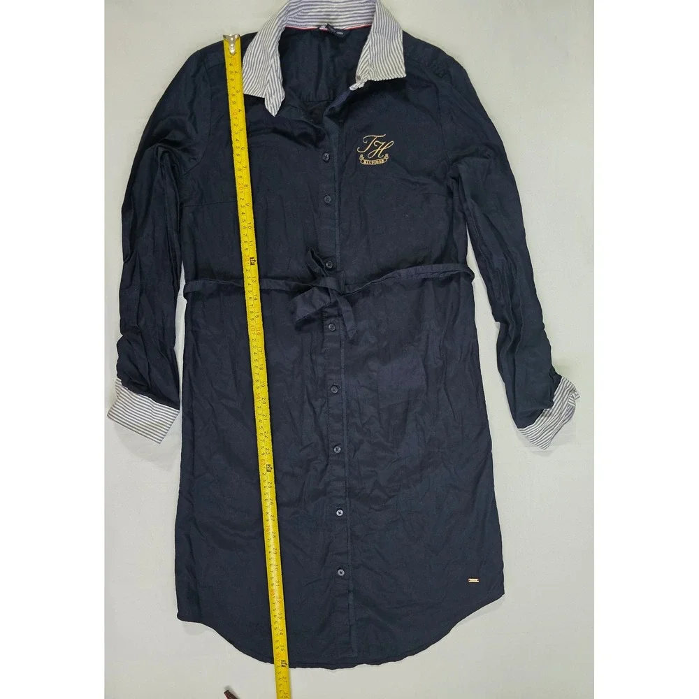 Tommy Hilfiger Navy Blue Crest Button Down Shirt Dress XS Striped Trim Belted